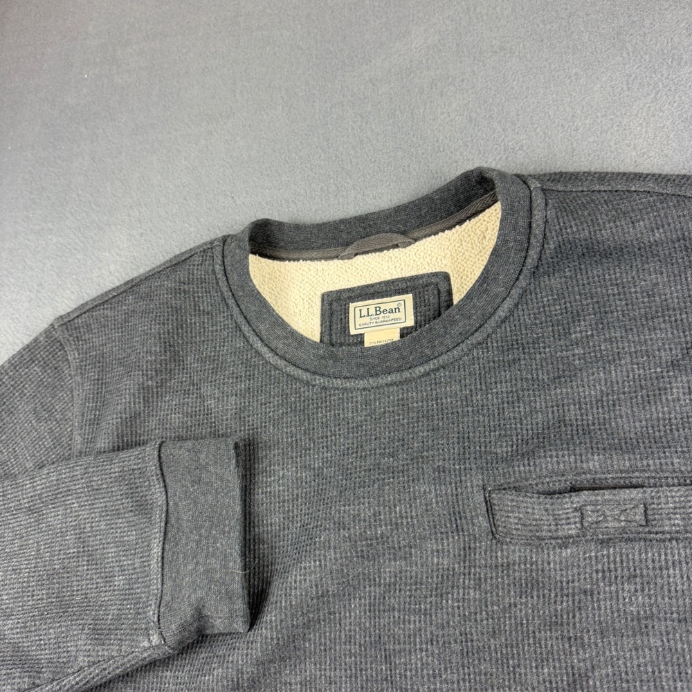 LL Bean Sweatshirt Men's XL Grey Waffle Knit Fleece Lined Crewneck Pullover Work